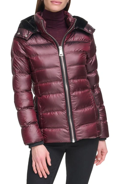 Calvin Klein Faux Fur Trim Chevron Quilt Down Puffer Jacket In Shine Wine
