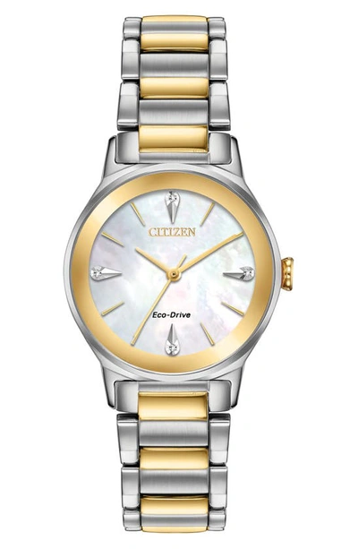 Citizen Axiom Eco-drive Diamond Accent Stainless Steel Bracelet Watch, 28mm In Two-tone