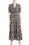 Max Studio V-neck Short Puff Sleeve Floral Print Tiered Dress In Blk/ Earth Lrg Fthr Frond