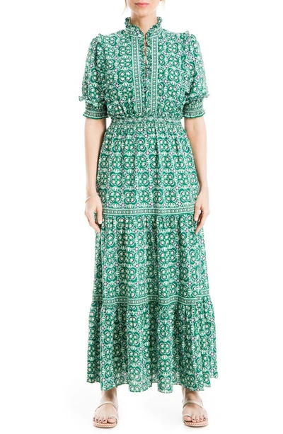 Max Studio Ruffle Collar Print Tiered Maxi Dress In Green/ Cream Quilting Grid