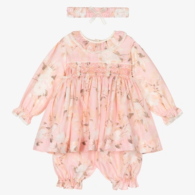 Pretty Originals Babies' Girls Pink Floral Print Chiffon Dress Set