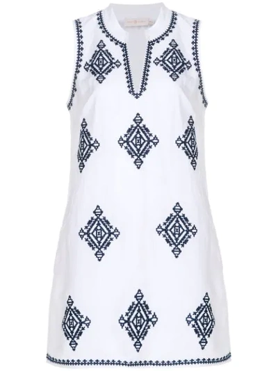 Tory Burch Celeste Embroidered Linen-blend Mini Dress In White