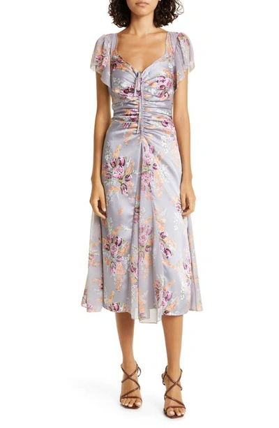 Cinq À Sept Terrence Floral Print Ruched Flutter Sleeve Midi Dress In Grey Multi