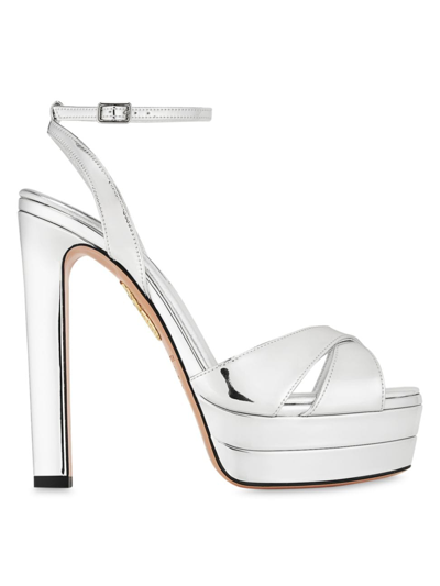 Aquazzura Divine Metallic Crisscross Platform Sandals In Silver