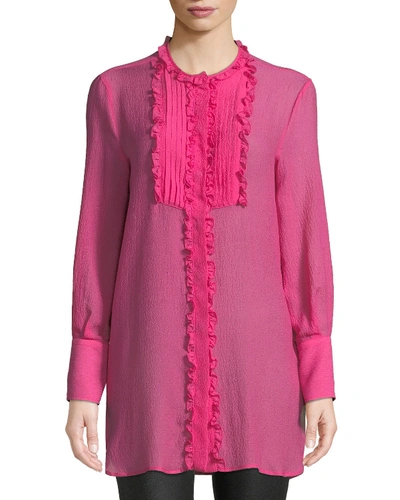 Etro Long-sleeve Silk Georgette Tunic W/ Ruffled Pleated Bib In Pink