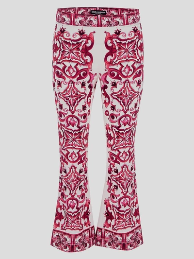 Dolce & Gabbana Flared Trumpet-leg Charmeuse Pants With Majolica Print In White