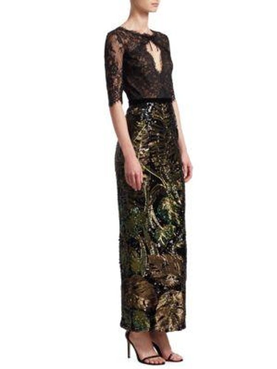 Marchesa Notte Sequin And Lace Gown In Black