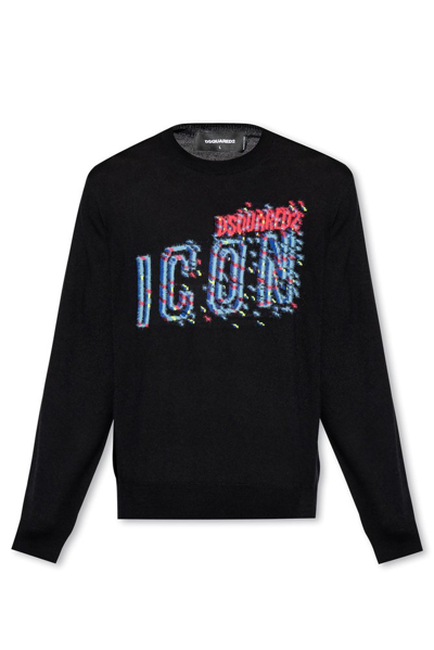 Dsquared2 Logo Intarsia Knitted Crewneck Jumper In Black