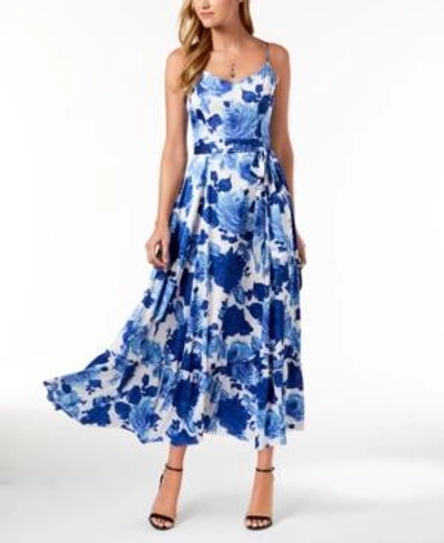 Betsey Johnson Belted Floral print Maxi Dress In Blue White ModeSens