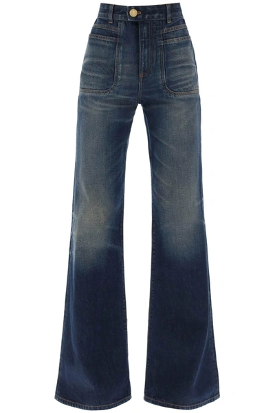 Balmain Wide Leg Jeans With Dark Wash In Bleu Jean Brut (blue)