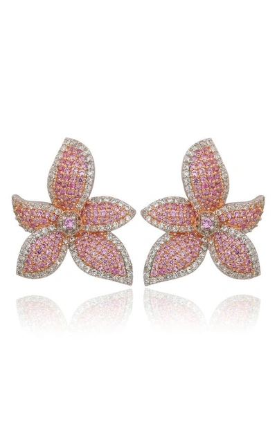 Suzy Levian Floral Sterling Silver White Sapphire Blue Sapphire Brown Diamond Stud Earrings In Pink