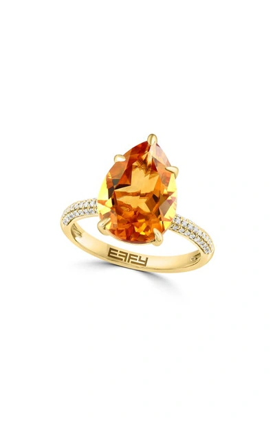 Effy 14k Yellow Gold Pear Cut Citrine & Pavé Diamond Ring In Orange