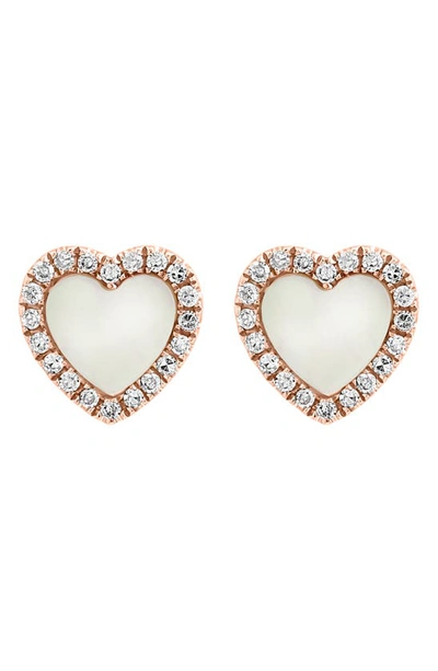 Effy 14k Rose Gold Mother-of-pearl & Diamond Heart Stud Earrings In White