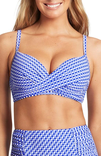 Sea Level Checkmate Cross Front Molded Underwire Bikini Top In Cobalt