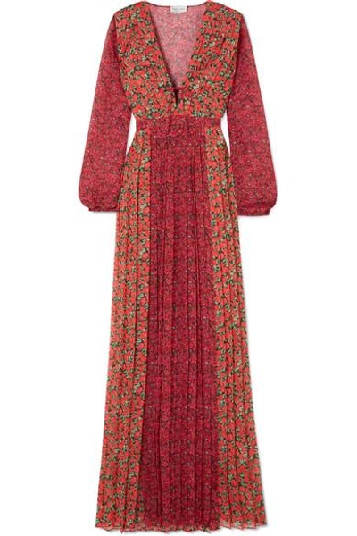 Raquel Diniz Lily Pleated Floral-print Silk-chiffon Maxi Dress In Red