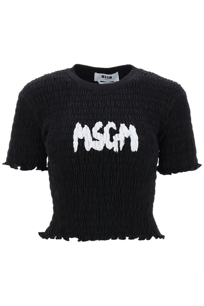 Msgm Smocked T-shirt With Logo Print In Black