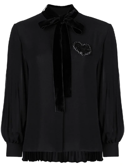 Fendi Blouson-sleeve Pleated-back Silk Blouse With Heart Embroidery & Velvet Ties In Black