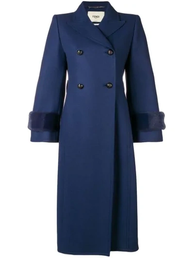 Fendi Double-breasted Wool Coat With Tonal Mink Fur Cuffs In Blue