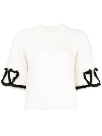 Fendi Scribble Heart Sweater With Genuine Mink Fur Trim In White