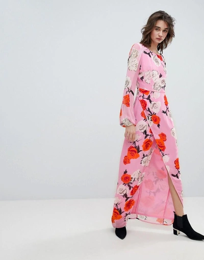 Gestuz Rose Printed Maxi Dress With Open V Back - Pink | ModeSens