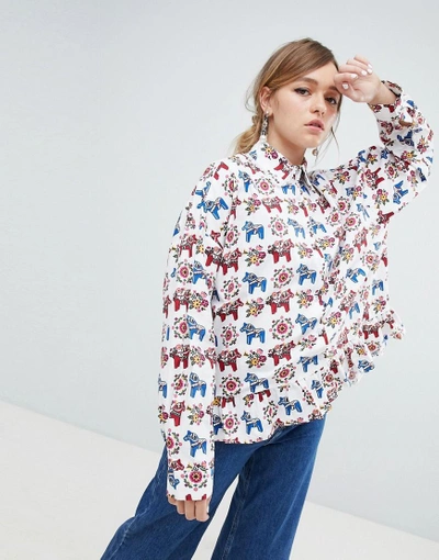 Sister Jane Blouse With Peplum Hem In All Over Pony Print - White