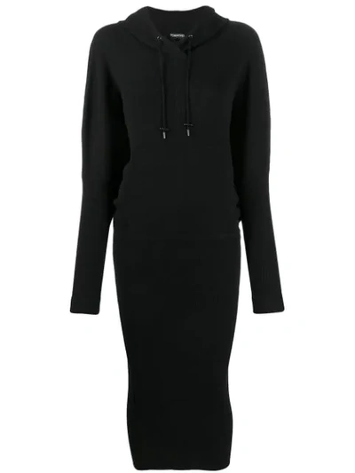 Tom Ford Long-sleeve Ribbed Stretch-cashmere Hooded Dress W/ Blouson Top In Black