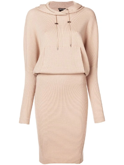Tom Ford Long-sleeve Ribbed Stretch-cashmere Hooded Dress W/ Blouson Top In Neutrals
