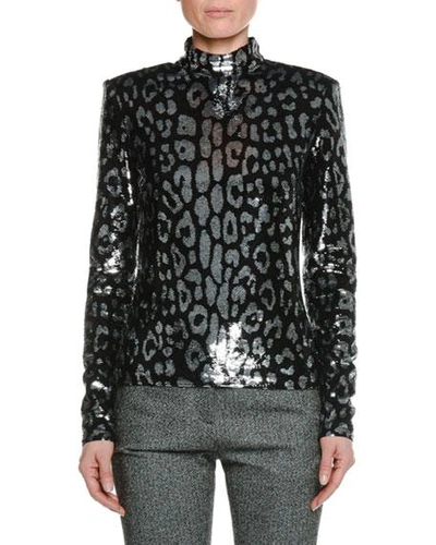 Tom Ford Long-sleeve Mock-neck Leopard-sequin Top In Black/silver