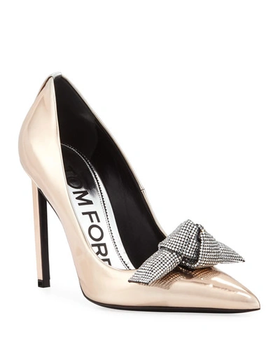 Tom Ford Mirrored Metallic Pumps With Crystal Bow In Rose Gold