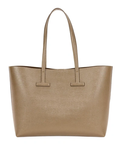 Tom Ford Saffiano Leather Small T Tote Bag In Taupe