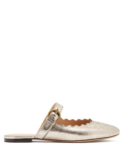 Chloé Lauren Scallop-edge Leather Backless Loafers In Gold