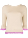 Chloé 3/4-sleeve Scoop-back Cashmere Sweater W/ Fringe Hem In Brown