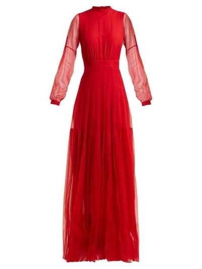 Rochas High-neck Pleated-skirt Silk Gown In Red