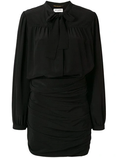 Saint Laurent Ruched Pussy Bow Shirt Dress In Black