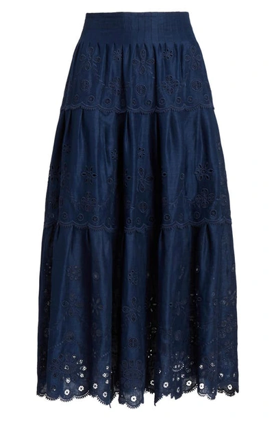 Polo Ralph Lauren Eyelet-embroidered Tiered Linen Skirt In Newport Navy