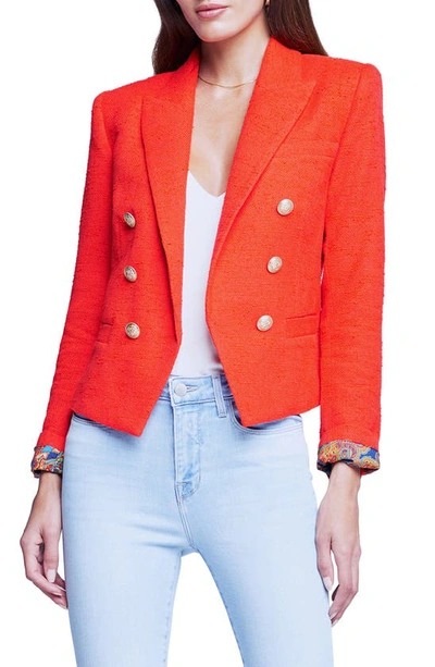 L Agence Brooke Double Breasted Crop Cotton Blend Blazer In Fire Red
