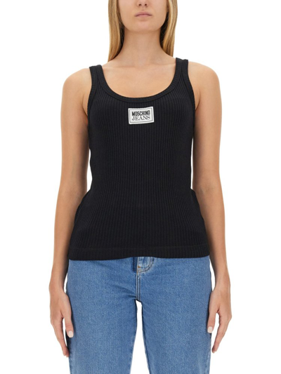 Moschino Logo-patch Ribbed-knit Top In Black