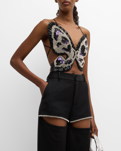 Area Embroidered Crystal Paillette Butterfly Crop Top In Black,white