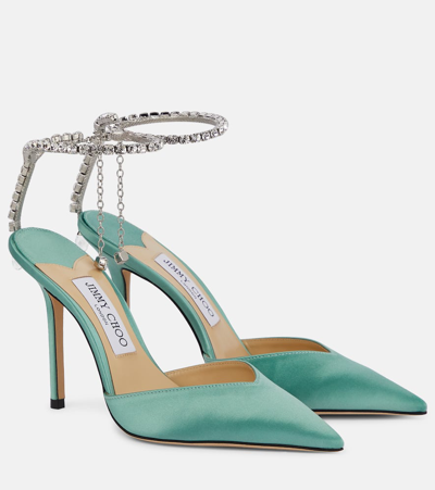 Jimmy Choo Saeda 100缀饰缎布高跟鞋 In Green