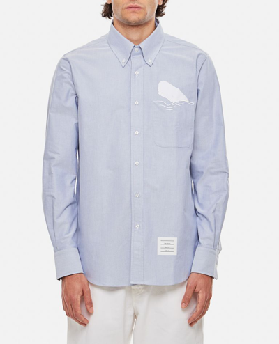 Thom Browne Straight Fit L/s Shirt W/ Emroidery In Solid Oxford In Sky Blue