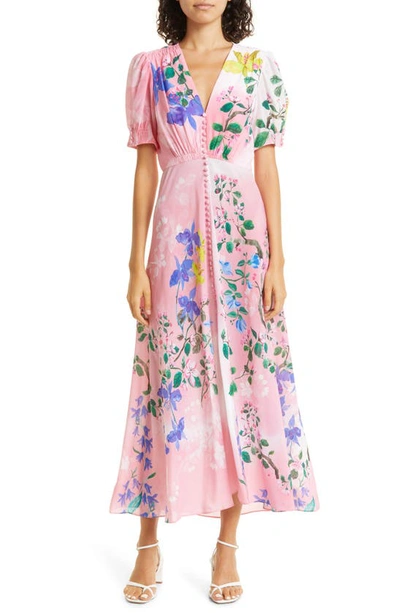 Saloni Lea Print Silk Maxi Dress In 1650-pink Magnolia Plmt
