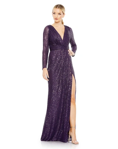 Ieena For Mac Duggal Sequined Long Sleeve Gown In Purple