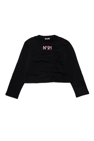 N°21 Kids' Cotton Crew-neck Cropped Sweatshirt With Front Curlings In Black