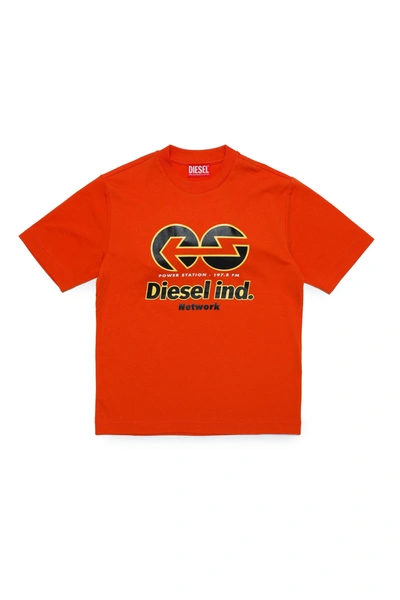 Diesel Kids' Crew-neck Jersey T-shirt With Graphics In Orange