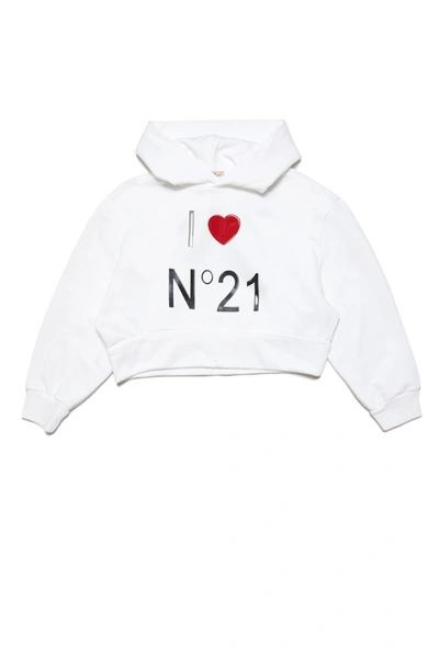 N°21 Kids' Cotton Cropped Hooded Sweatshirt With Logo In White