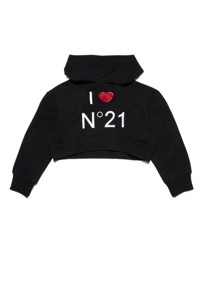 N°21 Kids' Cotton Cropped Hooded Sweatshirt With Logo In Black