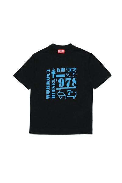 Diesel Kids' Crew-neck Jersey T-shirt With Lettering In Black