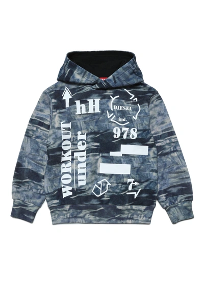 Diesel Kids' Hooded Cotton Sweatshirt With Allover Camouflage Pattern And Lettering In Blue