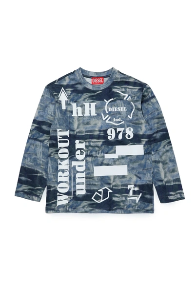 Diesel Kids' Jersey T-shirt With Allover Camouflage Pattern And Lettering In Blue