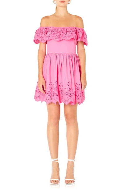 Endless Rose Scalloped Off The Shoulder Broderie Anglaise Dress In Fuchsia